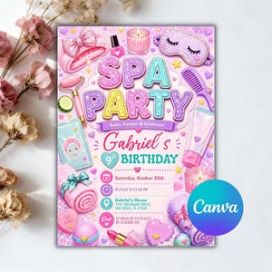 May include: A rectangular invitation for Gabriel's 9th birthday spa party on October 25th. The design features glittery text, a pink headband, a sleep mask, a face roller, a comb, a tube of cream, candles, and towels on a light purple background.
