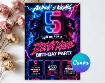 Beast Geburtstagseinladung, Epic Gaming 5. Geburtstag einladen, Neon Beast Panther einladen, Videospiel Party einladen, bearbeitbare Canva Vorlage