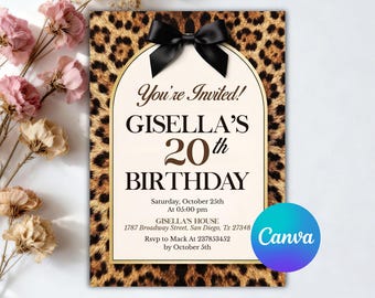 Einladung zum Geparden-Geburtstag, Einladung zum Leoparden-Geburtstag, Einladung zur koketten Party mit schwarzer Schleife (druckbare, bearbeitbare Canva-Vorlage)