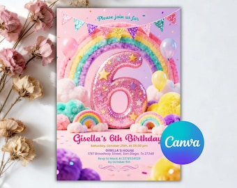 6th Birthday Invitation Girl, Rainbow Sequin Glitter Invite for Girls Party, Girls Pink Birthday Invite, Editable Canva Template