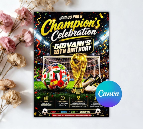 World Cup Soccer Birthday Invitation, Watch Party Invite, Football Party, World Cup 2026 Soccer Party Invite, Editable Canva Template