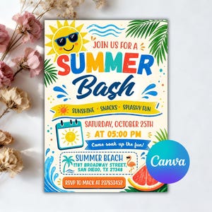 May include: A rectangular party invitation card featuring a yellow sun with sunglasses, green palm leaves, and blue water splashes. The text reads: JOIN US FOR A SUMMER BASH, SATURDAY, OCTOBER 25TH AT 05:00 PM, SUMMER BEACH, 1787 BROADWAY STREET, SAN DIEGO, TX 27348.