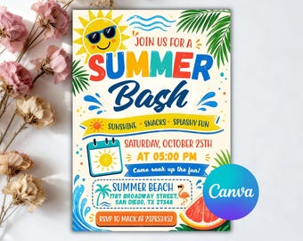 Einladung zur Sommerparty, Poolparty-Einladung, tropische Geburtstagsparty, Sommerparty-Einladung, Kinderpoolparty, bearbeitbare Canva-Vorlage