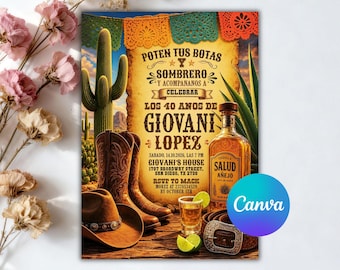 Spanish Mexican Cowboy Adult Man Invitation, Cactus Rustic Wood Cowboy Birthday Party Invite, Digital Download, Editable Canva Template