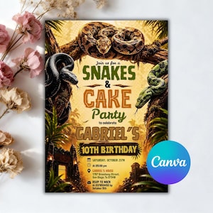 May include: A rectangular party invitation featuring a jungle theme with three snakes on tree branches. The text reads: Join us for a SNAKES & CAKE Party to celebrate GABRIEL'S 10TH BIRTHDAY, Saturday, October 25th at 05:00 PM, Gabriel's House, 1787 Broadway Street, San Diego, TX 27348, RSVP to Mack at 237853452 by October 5th.