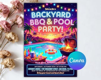 Bbq- und Pool-Party Einladung Grill Chill einladen, Hinterhof Bbq Pool Grill Pool Party Sommer, Bbq-Party einladen, bearbeitbare Canva-Vorlage