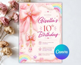 Geburtstagseinladung mit rosa Schleife, Einladung für ein verspieltes Mädchen, Vorlage für eine Party mit pastellfarbenem Band, digitaler Download, bearbeitbare Canva-Datei
