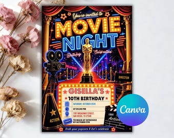 Filmgeburtstagseinladung, Kinoparty-Einladung, Hollywood-Geburtstagsfeier, Einladung zum Filmabend, bearbeitbare Canva-Vorlage