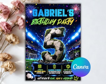 Einladung zum 5. Fußballgeburtstag, Einladung zur Fußballparty, Sportgeburtstag für Jungen, Neon-Fußballstadion, Kindereinladung, bearbeitbare Canva-Vorlage