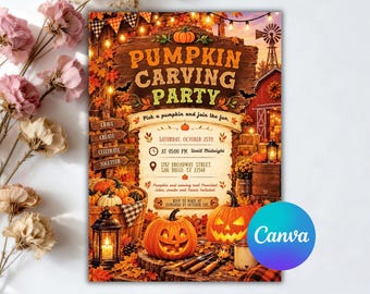 May include: A rectangular invitation card for a Pumpkin Carving Party featuring a rustic wooden sign, carved jack-o'-lanterns, autumn leaves, and a barn background. The text includes the date Saturday, October 25th, time, and location details.