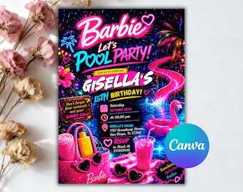 Einladung zum Geburtstag mit rosa Puppe, Einladung zur Poolparty, Motto: Rosa Modepuppe, Mädchen-Poolparty, Digitaler Download, Bearbeitbare Canva-Vorlage