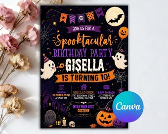 Halloween-Geburtstagseinladung, Gruselige Kürbis-Geister-Party-Einladung, Druckbare Kindergeburtstagseinladung, Bearbeitbare Canva-Vorlage