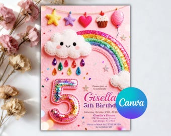 Einladung zum 5. Geburtstag für Mädchen, Regenbogen-Pailletten-Glitzer-Einladung für Mädchenpartys, rosa Geburtstagseinladung für Mädchen, bearbeitbare Canva-Vorlage