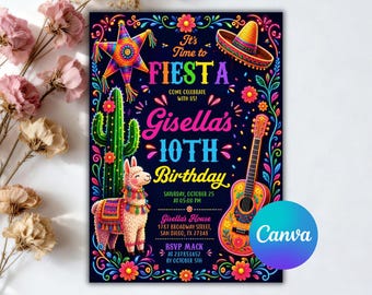 Einladung zur Fiesta-Geburtstagsfeier, mexikanische Fiesta-Party-Einladung, Fiesta-Geburtstagseinladung, mexikanischer Geburtstag, bearbeitbare Canva-Vorlage
