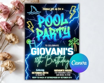 Teen Boys Pool Birthday Invitation, 10th Electric Summer Celebration Card, Neon Lightning Theme, Editable Canva Template