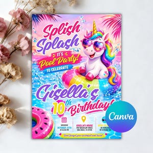 Pool Party Invitation, Unicorn Pool Party Invitation, Unicorn Pool Float Splish Splash Pool Party Bash, Editable Canva Template