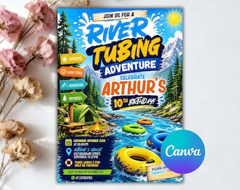 Geburtstagseinladung zum Fluss-Tubing-Abenteuer, Einladung zur Camping-Fluss-Mottoparty, Sommeraktivität im Freien, bearbeitbare Canva-Vorlage