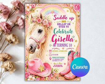 Geburtstagseinladung im Cowgirl-Stil, Einladung zur Westernparty, Pastellfarbenes Cowgirl, Digitaler Download, Bearbeitbare Canva-Datei