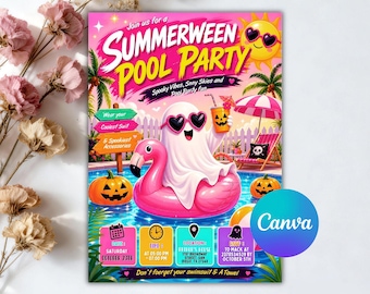 Summerween Pool Party Geburtstagseinladung, Neon Glow Swim Invite, lustiger gruseliger Sommer einladen, bearbeitbare Canva Vorlage
