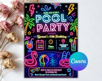 Neon Pool Birthday Invitation, Pool Party Birthday Invitation, Neon Glow Swim Invite, Swimming Pool Party Invite, Editable Canva Template