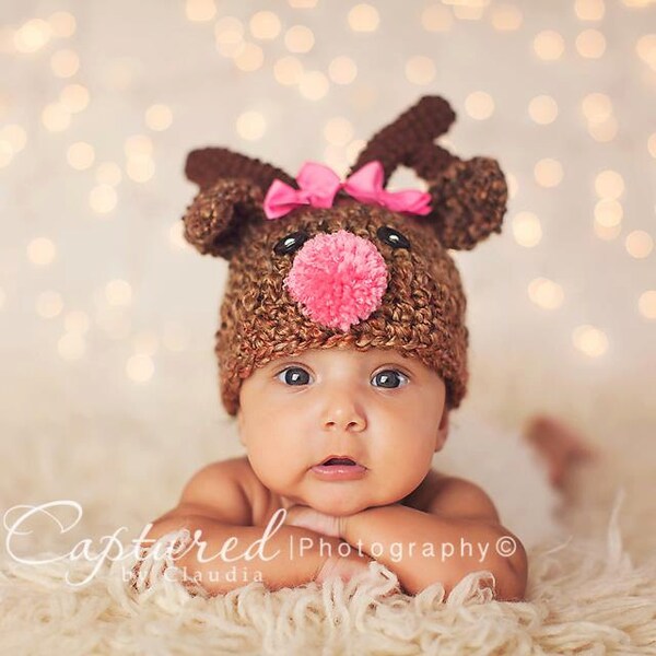 Baby Girl Hat Newborn Baby Girl Rudolph the Red Nose Reindeer Hat Deer Hat Pink Bows Christmas