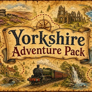 May include: A vintage-style illustrated map titled Yorkshire Adventure Pack, featuring a steam train, a lighthouse, a coastal abbey, a highland cow, and a compass rose on a parchment-coloured background with a dashed red travel route.