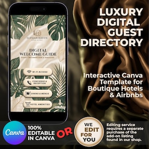 Könnte beinhalten: Ein Smartphone zeigt einen digitalen Willkommensführer für Elysian Haven mit tropischen Blattmotiven und Schaltflächen für WLAN, Concierge, Speisen und Annehmlichkeiten. Der Text lautet Luxury Digital Guest Directory und 100% Editable.