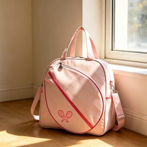 Peut inclure: Un sac de sport rose clair avec une silhouette arrondie et une bande diagonale rose foncé. Le sac dispose de deux poignées supérieures, d'une bandoulière réglable et d'un motif brodé de deux raquettes de tennis croisées avec le texte Sutch.