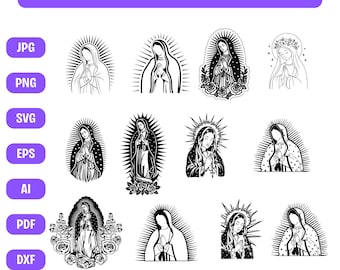 Moeder Maria omtrek Virgen de Guadalupe bundel SVG PNG, Maagd Maria met rozen, Onze-Lieve-Vrouw van Guadalupe svg, Cricut-bestanden (digitale download)