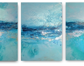 Large Seascape Triptych set of Canvas Prints by Caroline Ashwood Art - Ready to hang artworks - Framed prints.