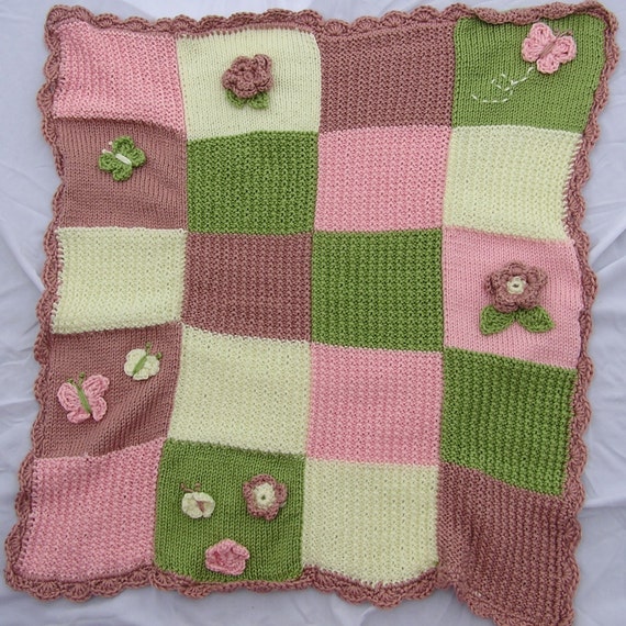 Items similar to Hand Knit Patch-Work Embellished Baby Blanket ...