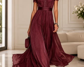 Elegante vestido largo con ribete de encaje para mujer, vestido bohemio para fiestas de verano, vestido fluido de talle alto, vestido con cuello redondo y mangas con volantes, vestido para invitada de boda.