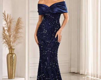Meerjungfrauenkleid aus Samt mit Pailletten, plissiertes Abendkleid, elegantes Meerjungfrauenkleid, elegantes Ballkleid, Maxikleid für Brautjungfern, Partykleid