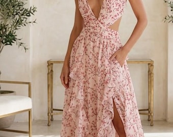 Robe longue fleurie dos nu pour femme, robe à volants et col en V profond, tenue de vacances d'été, tenue de plage, robe romantique