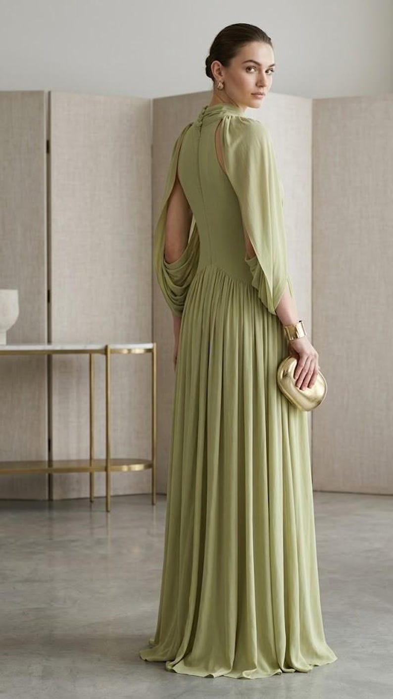 Puede incluir: Un vestido largo de color verde salvia con cuello alto, cuerpo ajustado y mangas largas y fluidas con aberturas en los hombros. La falda es plisada y llega hasta el suelo. Se incluye un brazalete dorado y un peque&ntilde;o bolso de mano dorado.