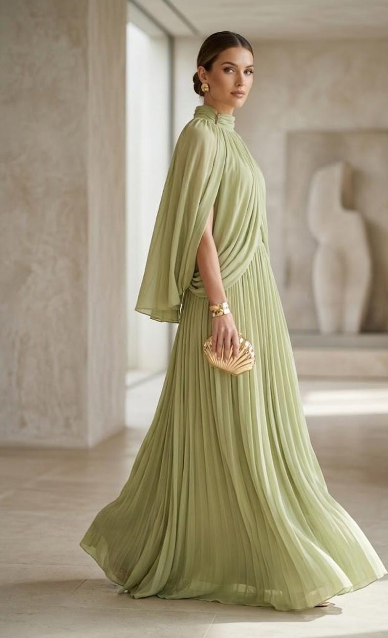 Puede incluir: Un vestido largo de color verde salvia con cuello alto, falda plisada y una capa superpuesta integrada. La prenda se complementa con pendientes circulares dorados, un brazalete met&aacute;lico ancho y un bolso de mano dorado con forma de concha.