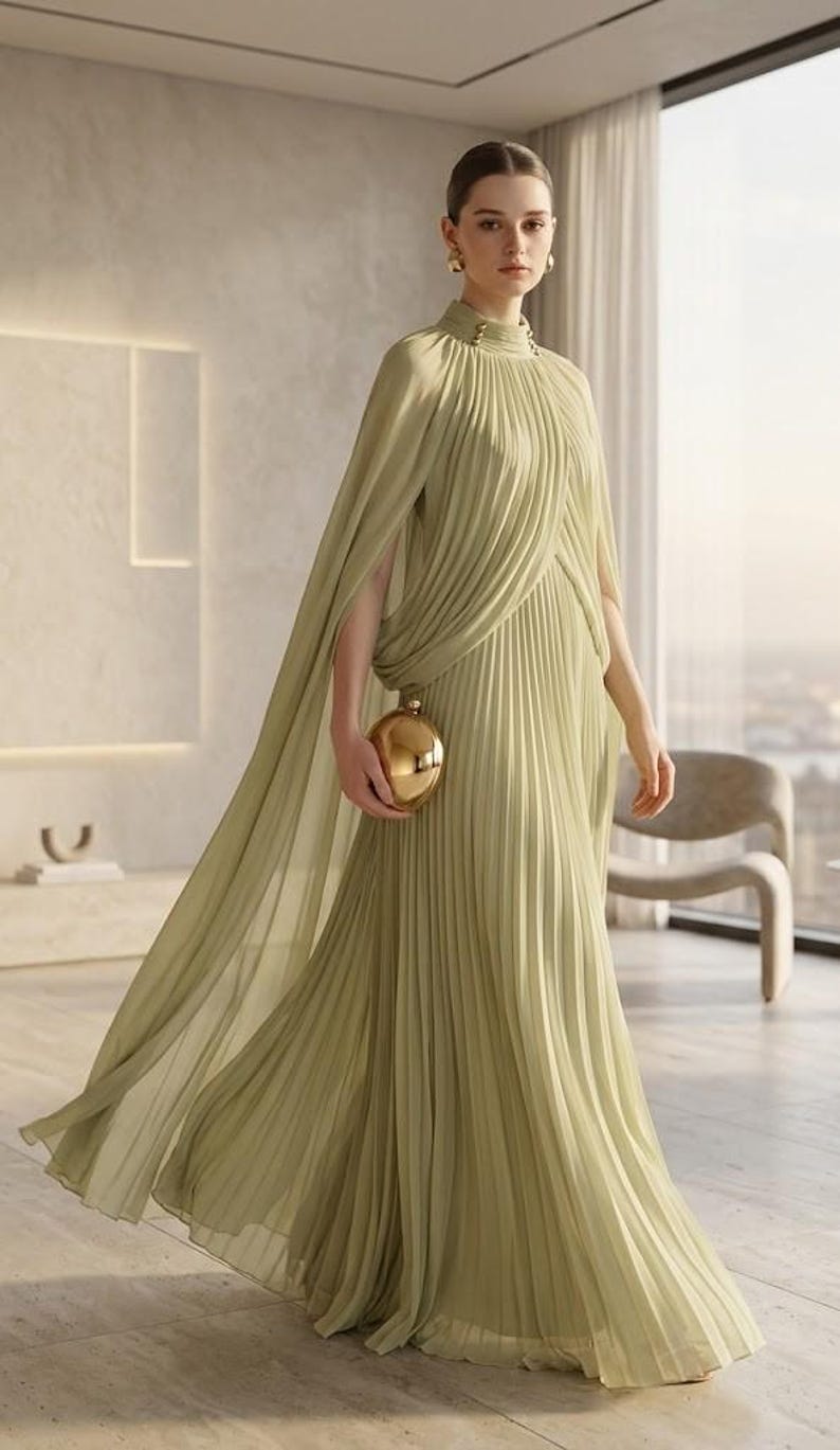 Puede incluir: Un vestido largo plisado de color verde oliva claro con cuello alto, detalles de botones y una capa integrada que cae sobre los hombros. La prenda se combina con un peque&ntilde;o bolso de mano redondo de metal dorado pulido.