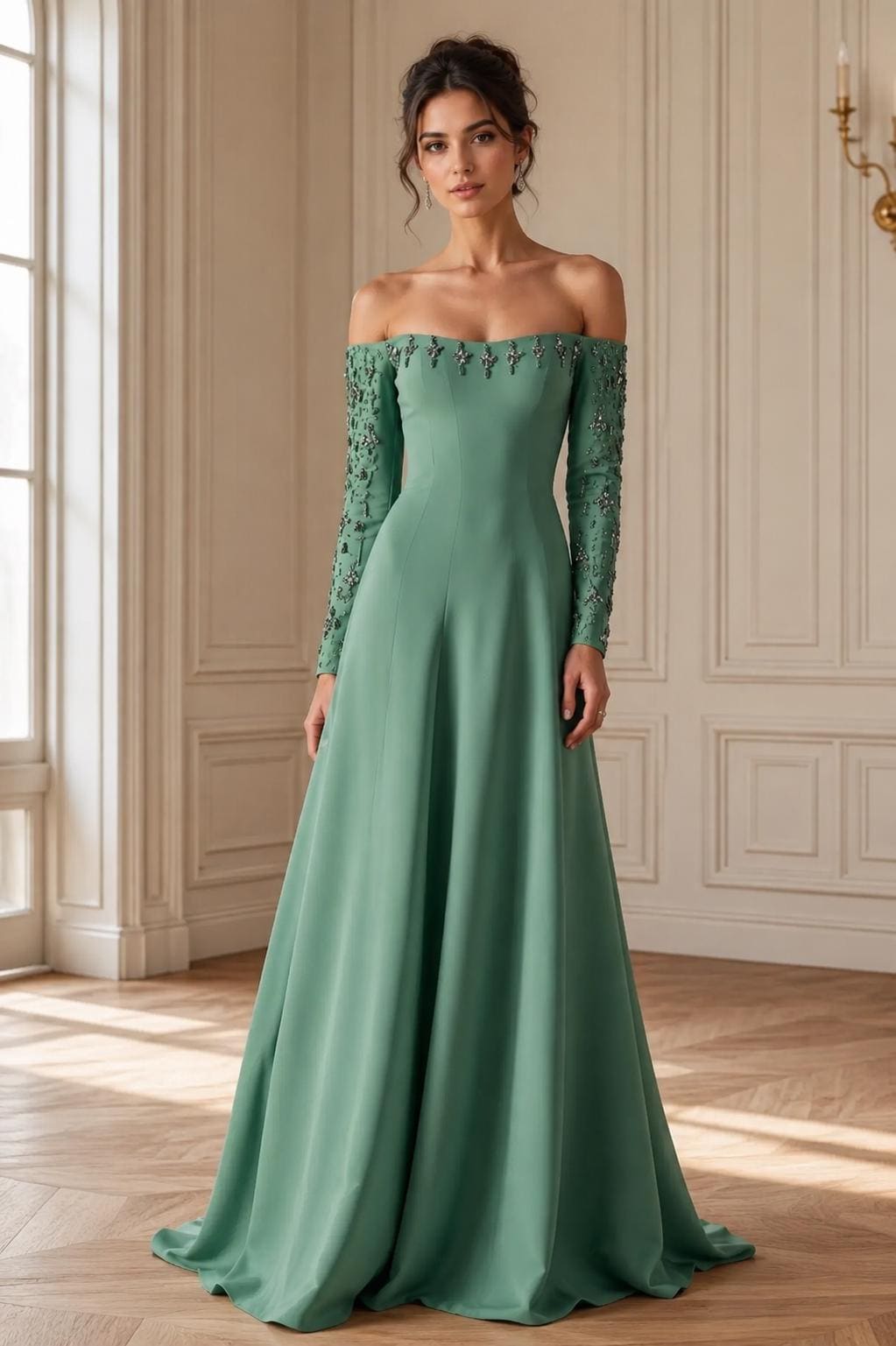 emerald green wedding dress with sleeves Long Sleeve YGroup_alishia-satin-sequin-corset-mini-dress Long sheer puff sleeves Color:Gray Blue (As picture) Sale | Sustainable Midi Gold