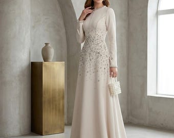 Vestido de noche de lujo con cristales para mujer, vestido de fiesta de manga larga, vestido formal con cuello redondo, vestido de gala largo hasta el suelo con corte en A, elegante vestido de fiesta.