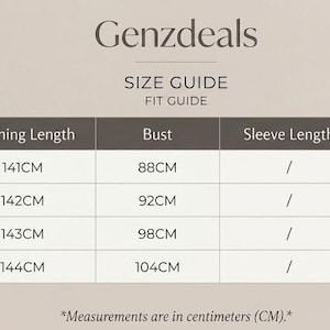 Puede incluir: Una tabla de gu&iacute;a de tallas de Genzdeals con columnas para talla, longitud de prenda, busto, longitud de manga y ancho de hombros. La tabla enumera las tallas S, M, L y XL con las medidas correspondientes en cent&iacute;metros indicadas en el texto.
