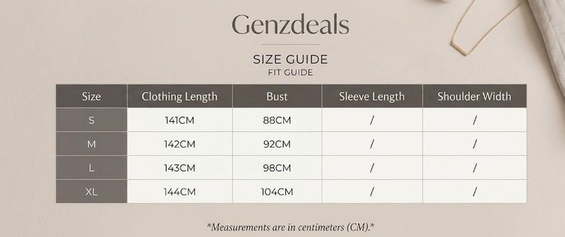 Puede incluir: Una tabla de gu&iacute;a de tallas de Genzdeals con columnas para talla, longitud de prenda, busto, longitud de manga y ancho de hombros. La tabla enumera las tallas S, M, L y XL con las medidas correspondientes en cent&iacute;metros indicadas en el texto.