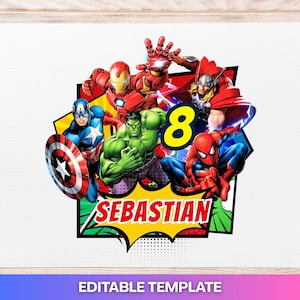 May include: A graphic design featuring Marvel superheroes including Iron Man, Thor, Hulk, Captain America, and Spider-Man. The image includes the number 8 in yellow and the name Sebastian in red text on a yellow comic-style burst background.