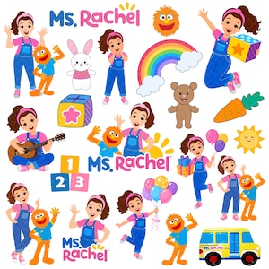 May include: A collection of Ms. Rachel character illustrations featuring a person in pink shirt and blue overalls, an orange puppet, a rainbow, a yellow school bus, colorful blocks, balloons, a teddy bear, a white bunny, and a carrot.