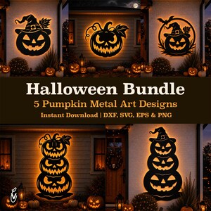 Halloweenpumpapaket SVG DXF | 5 laserskurna pumpadesigner | Läskig staplad häxhatt och fladdermus | CNC-fil | Glowforge Eps Png