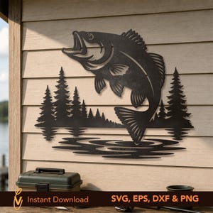 Poisson sautant art mural en métal DXF SVG, Fish Lake Art déco Design découpé au Laser, fichier de pêche Cnc plasma Eps Png Png, téléchargement numérique