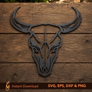 May include: A dark gray, flat, laser-cut metal wall art piece shaped like a stylized bull skull with long, curved horns. The design features intricate, symmetrical cutouts throughout the skull and horn structure. Text at the bottom reads: Instant Download SVG, EPS, DXF & PNG.