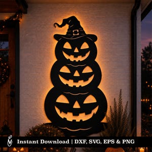 Halloween-pompoen SVG DXF | Gestapelde pompoenen met hoed | Lasergesneden heksentuindecoratie | CNC-bestand | Glowforge-eps png