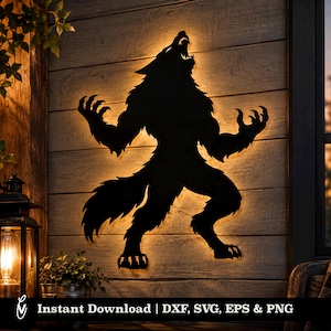 Könnte beinhalten: Eine schwarze Silhouette eines heulenden Werwolfs mit erhobenen Krallen, hinterleuchtet von einem warmen Schein. Das Bild enthält den Text: Instant Download | DXF, SVG, EPS & PNG. Diese digitale Datei ist für Schneidemaschinen und Grafikdesign.