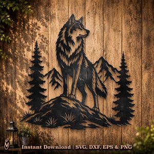 May include: A black metal wall art piece featuring a wolf standing on a rocky outcrop, surrounded by pine trees and mountain silhouettes. The design includes the text Instant Download | SVG, DXF, EPS & PNG at the bottom of the image.