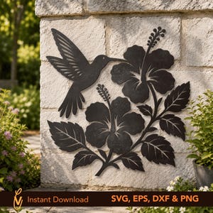 Hibiscus Flower Hummingbird Laser cut SVG file | Floral Bird Outdoor Metal Wall Decor Dxf | CNC Plasma Cut Metal Art | Floral Png Eps